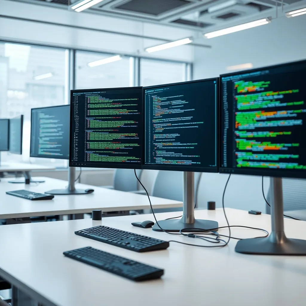 A professional office setting with multiple computer monitor
