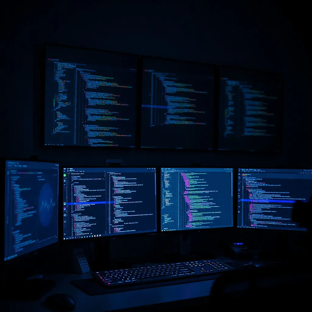 Professional dark workspace with multiple monitors showing c