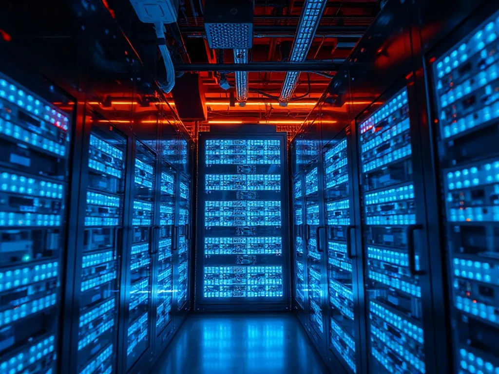 High-tech server room with blue glowing lights on database r