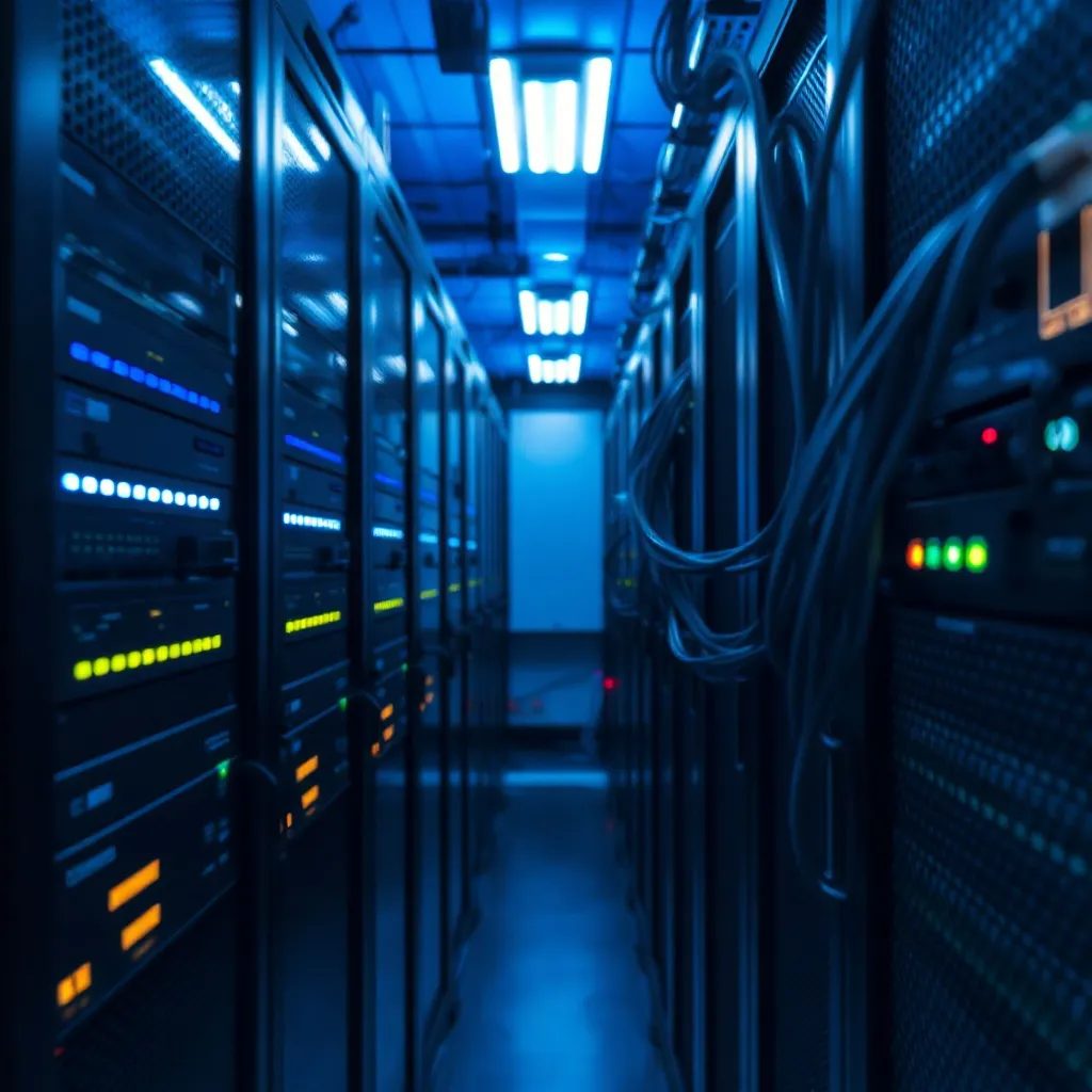 A professional clean close-up of a high-tech server room wit