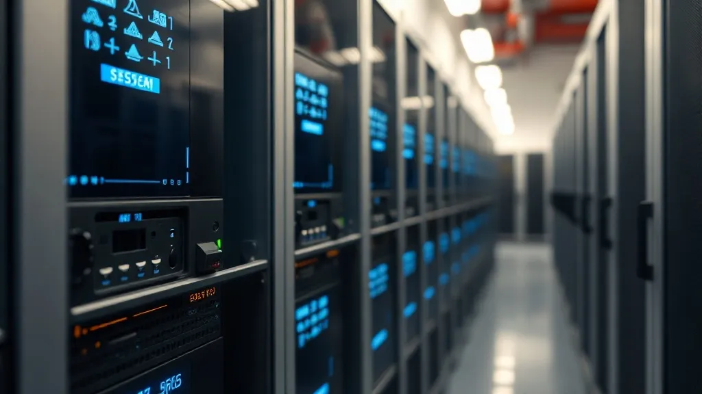 Close-up of modern storage drives in a data center, focus on