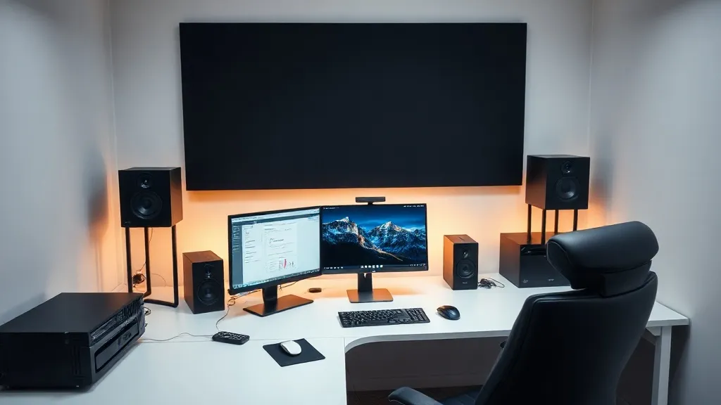 A modern office desk with a laptop showing data charts, clea