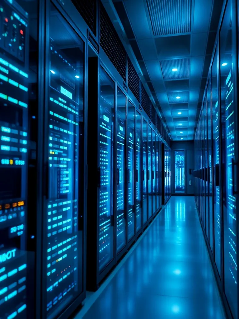 Sleek server room with blue lights, data processing visualiz