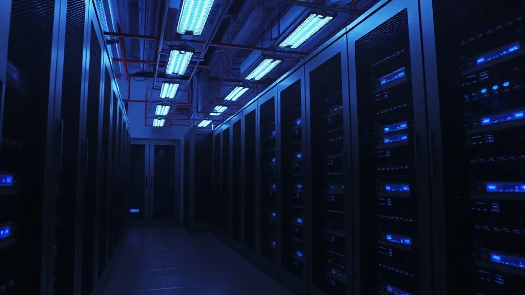 Professional dark server room with blue LED lights, high-tec