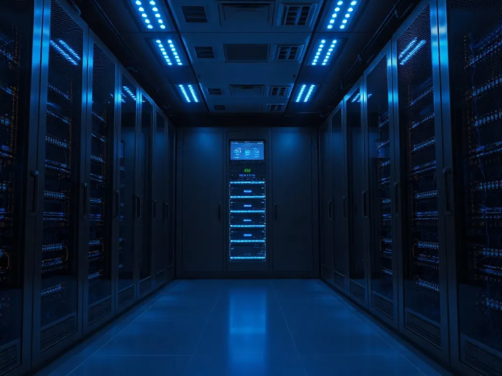 Modern dark server room with blue LED lights, professional i