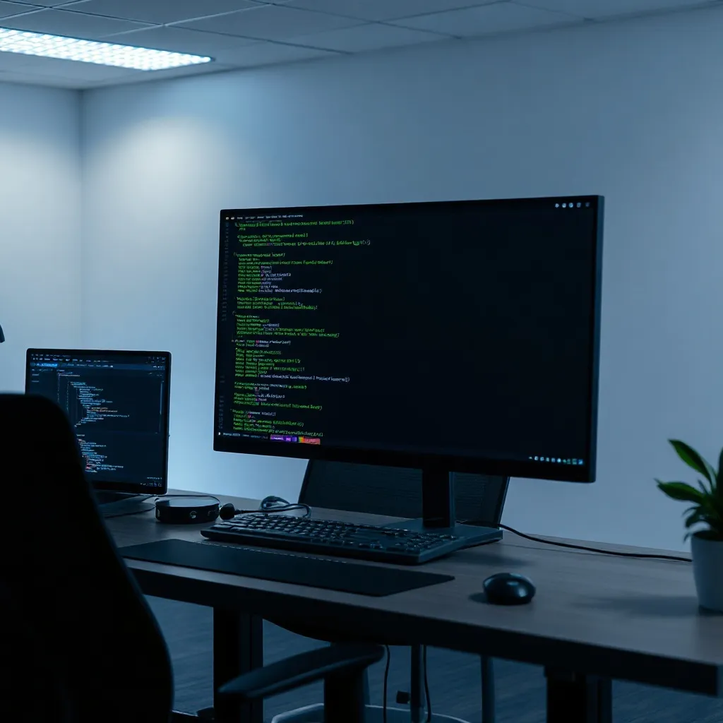 A high-end developer workstation with a dark terminal window